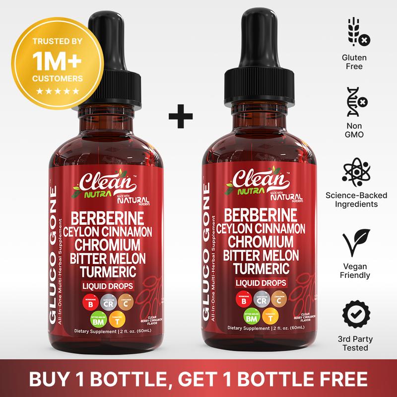 Clean Nutra BOGO Organic Ceylon Cinnamon, Berberine, Bitter Melon, Glucomannan, Chromium, Turmeric, Organic Panax Ginseng, for Clean Fitness and Blood Sugar Supplement Liquid Drops – Gluco Tone