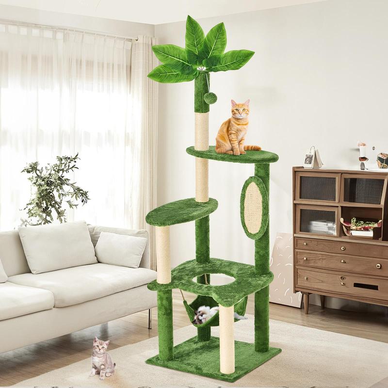[Memorial Day]WeCharmer Cat Tree / Tower for Indoor with Green Leaves, Cat Condo Cozy Plush House with Hang Ball,  Pet Furniture with Scratching Posts cat  tree