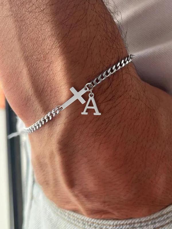 2026 New Men's Trendy Casual Bracelet, Simple Cross Charm and Letter Link Design, Fashion Bracelet with Charms for Daily Wear