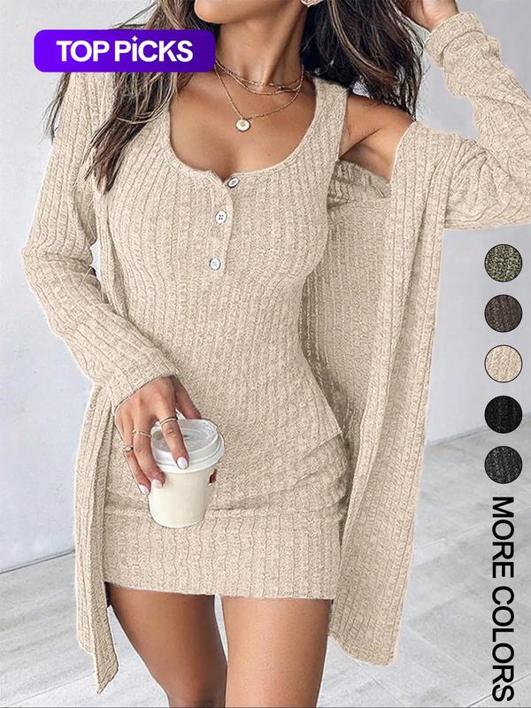 Women's Striped Knit Dress Set, Outfit, Long Sleeve, Cropped, Casual Style, Comfortable Fabric, Fashion Design, Womenswear, Vneck, Perfect for Daily Wear