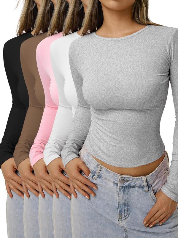 Women's Solid Long Sleeve Crop Lounge Tee, Casual Comfy Round Neck T-shirt for Daily Wear, Ladies Sleepwear for Spring & Fall