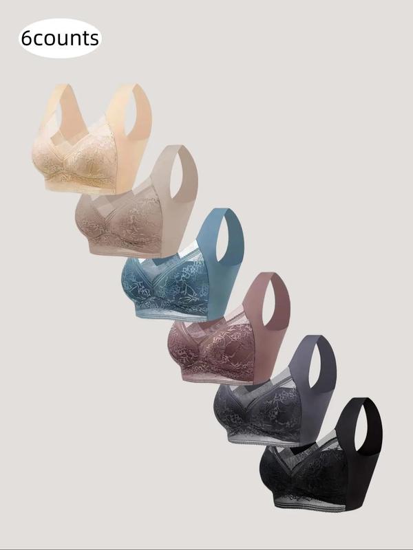 Women's Seamless Mesh Lace Breathable Bra Set, Backless Plunging Design, Lightly Lined Comfortable Sleepwear, Ideal for Yoga & Casual Wear。6 Pack.