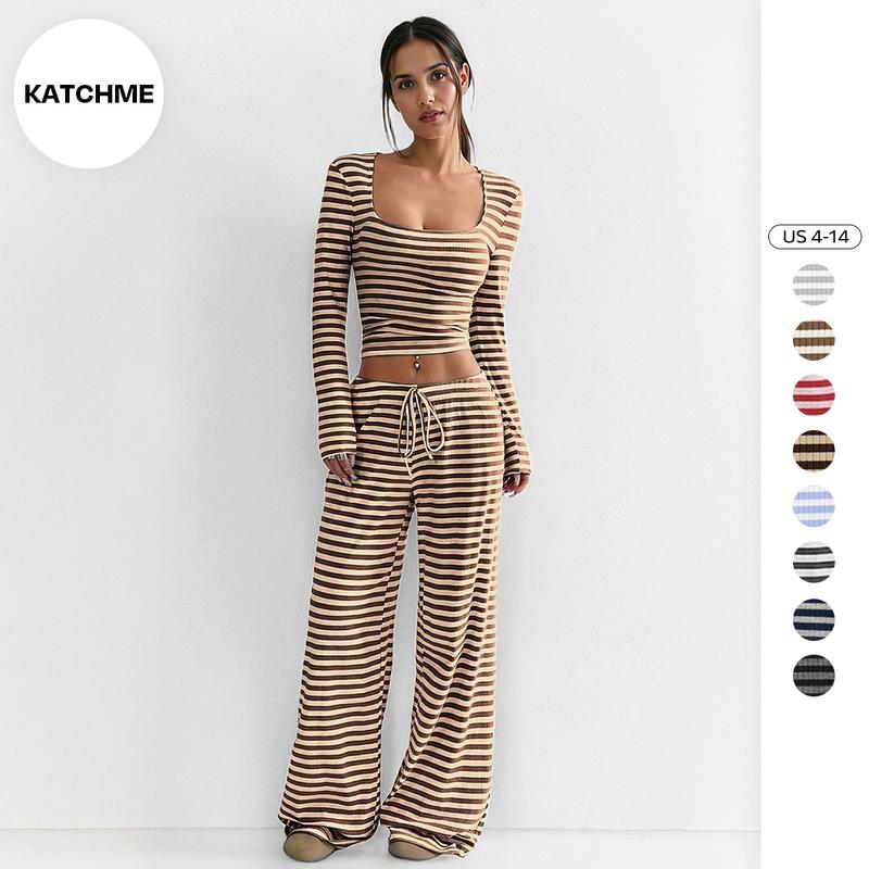 KatchMe Women's Versatile Square Neck Stripe Long Sleeve Crop Top & Low-Rise Wide Leg Trousers Co-ord, Soft Breathable High Stretch Outfits, Summer Sets