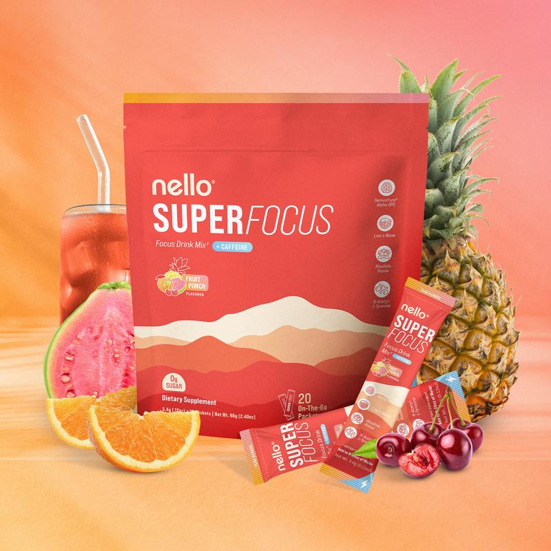 Nello Superfocus â Nootropic Drink Mix with Lionâs Mane, Rhodiola & Alpha-GPC â Supports Memory, Brain Health & Mental Stamina, Enhances Clarity & Sharpness, Helps Fight Brain Fog â Travel Packets (20 Servings) Healthcare Convenient