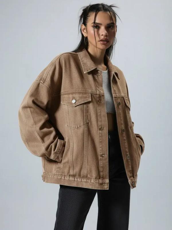 Women's Plain Basic Button Front Drop Shoulder Fitted Denim Coat Jacket, Casual Long Sleeve Collared Pocket Outerwear for Daily Wear, Ladies Clothes for All Seasons, Clothing for Women, Aesthetic Womenswear for Everyday, Casual Coats
