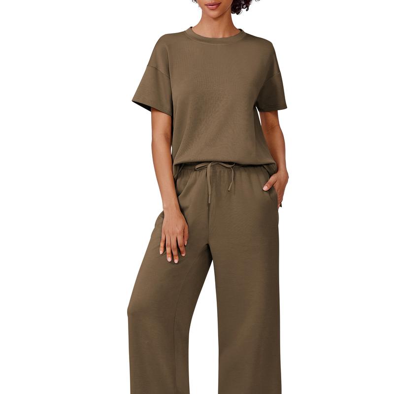 PINSPARK 2 Piece Sets for Women Soft Short Sleeve Matching Lounge Set Wide Leg Pants Tracksuit Travel Summe Travel Kitr Outfits 2026 SwimWeek summerwins