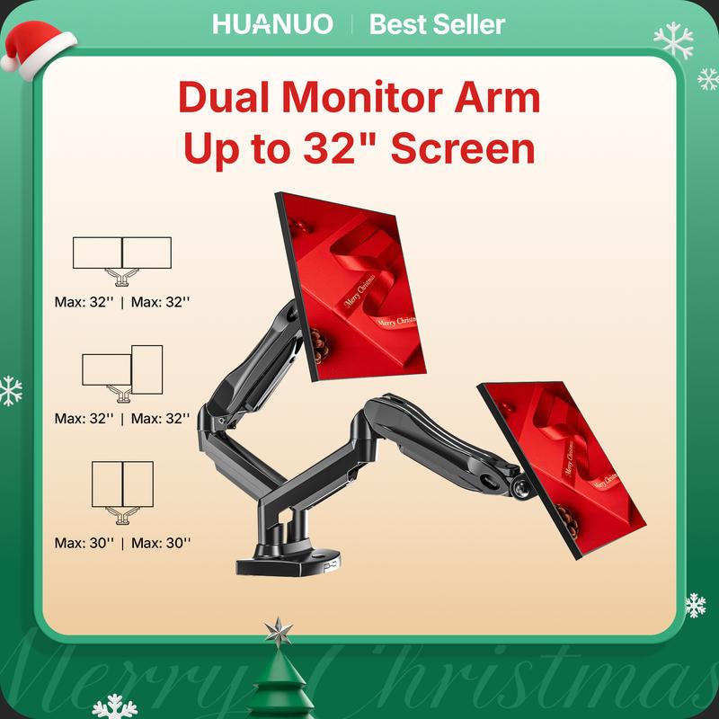 HUANUO Dual Monitor Arm Adjustable Gas Spring Monitor mount for Gaming and Home Office Setups, Monitor Arm hold up to 30" with 19.8 lbs Max Weight and C-Clamp or Grommet Hole Mounting