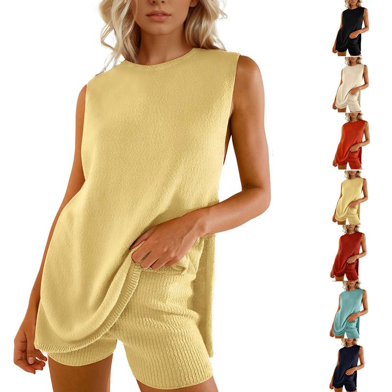 SCUSTY Women's 2 Piece Outfits Summer Summervibes Knit Sweater Set Sleeveless Tunic Top Matching Shorts Trendy Beach Vacation Sets Loungesetwomen Suits Clothes Womenswear  Basic Beige