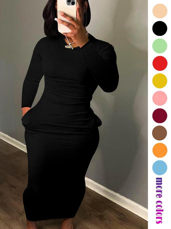 Women's Solid Pocket Long Sleeve Bodycon Dress, Casual Elegant Minimalist Round Neck Dress for Party Holiday Wedding Guest, Ladies Fall & Winter Clothes, Fall & Winter Clothing, Longsleeves Womenswear