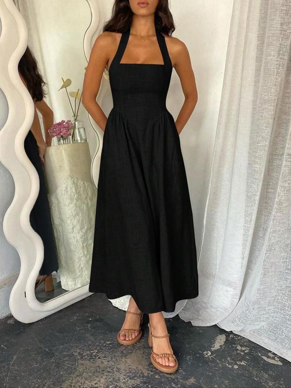 Women's Plain Pocket Zipper Back Dress, Casual Sleeveless Halter Neck A Line Dress for Summer, Ladies Clothes for Beach Holiday, Brunch Dresses, Casual Wear, Casual Chic Dress, Casual Chic Outfit, Womenswear
